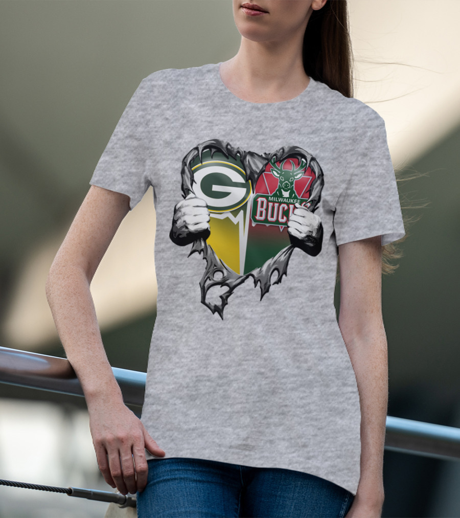 Green Bay Packers Milwaukee Bucks Heart T-Shirt