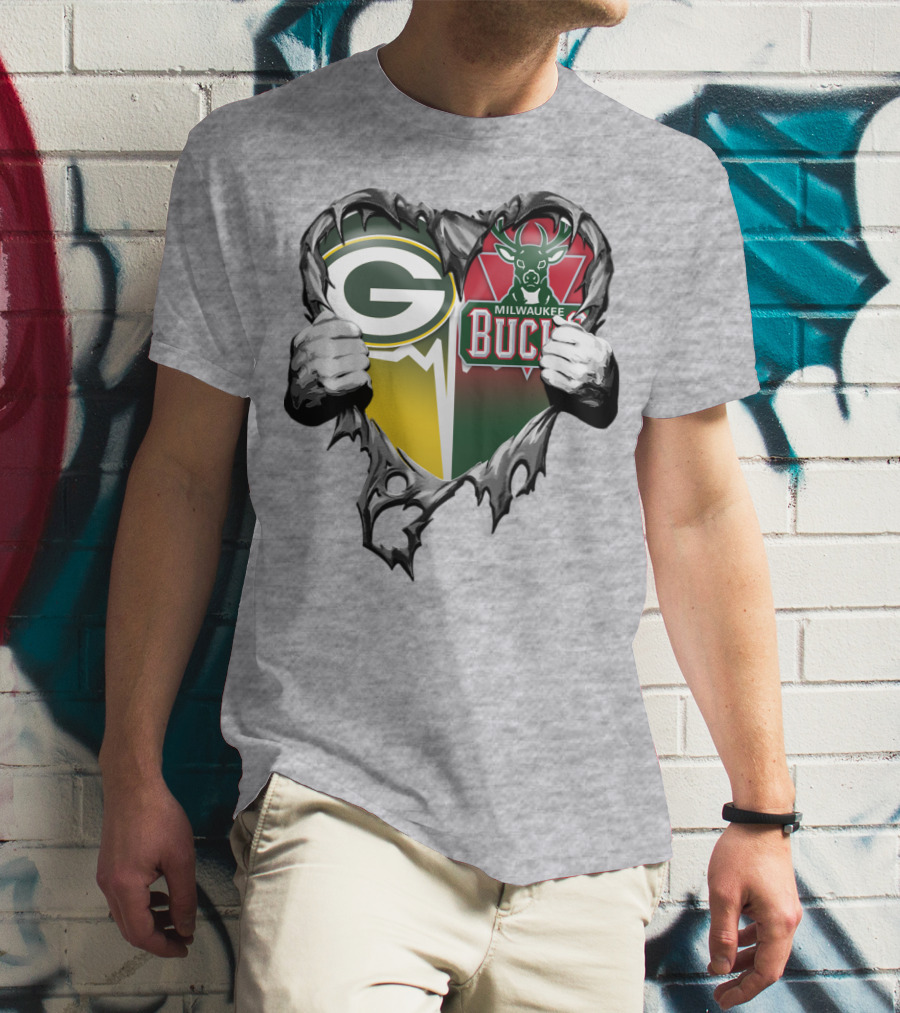 Green Bay Packers Milwaukee Bucks Heart T-Shirt