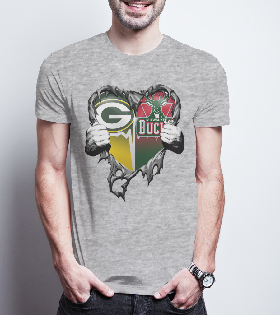 Green Bay Packers Milwaukee Bucks Heart T-Shirt
