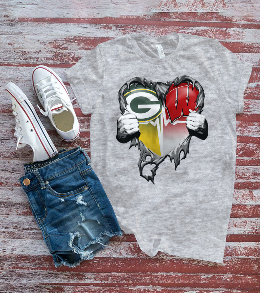 Green Bay Packers And Wisconsin Badgers Rip Heart T-Shirt