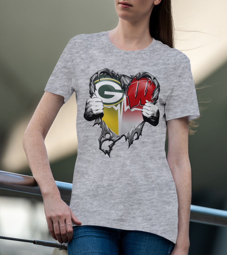 Green Bay Packers And Wisconsin Badgers Rip Heart T-Shirt