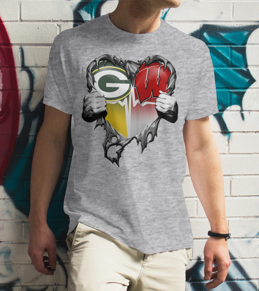 Green Bay Packers And Wisconsin Badgers Rip Heart T-Shirt