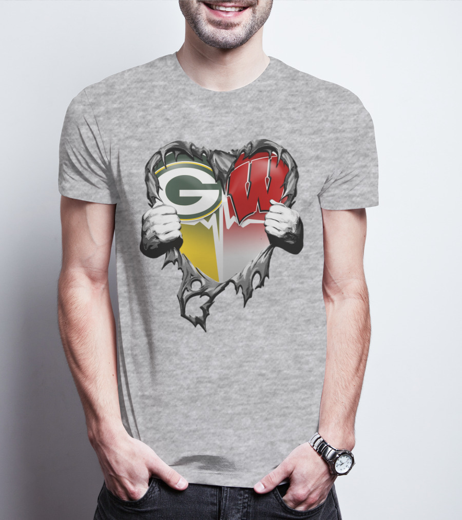 Green Bay Packers And Wisconsin Badgers Rip Heart T-Shirt