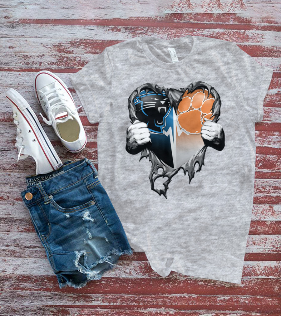 Carolina Panthers Clemson Tigers Heart Ripped T-Shirt