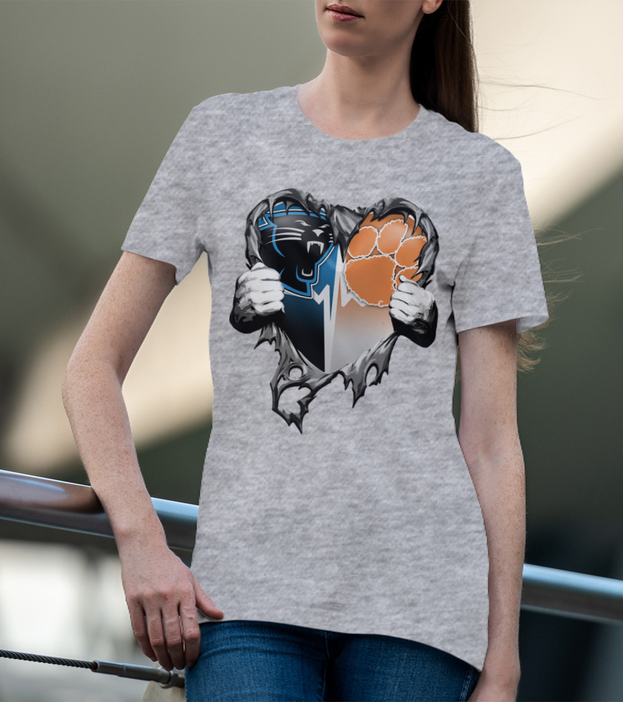 Carolina Panthers Clemson Tigers Heart Ripped T-Shirt