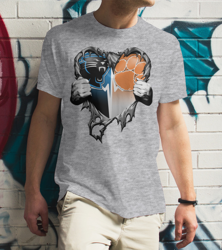 Carolina Panthers Clemson Tigers Heart Ripped T-Shirt