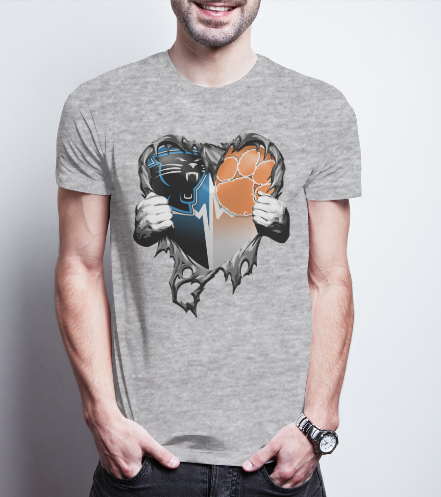 Carolina Panthers Clemson Tigers Heart Ripped T-Shirt