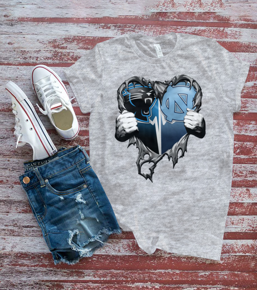 Carolina Panthers Unc Tar Heels Heart Ripped T-Shirt