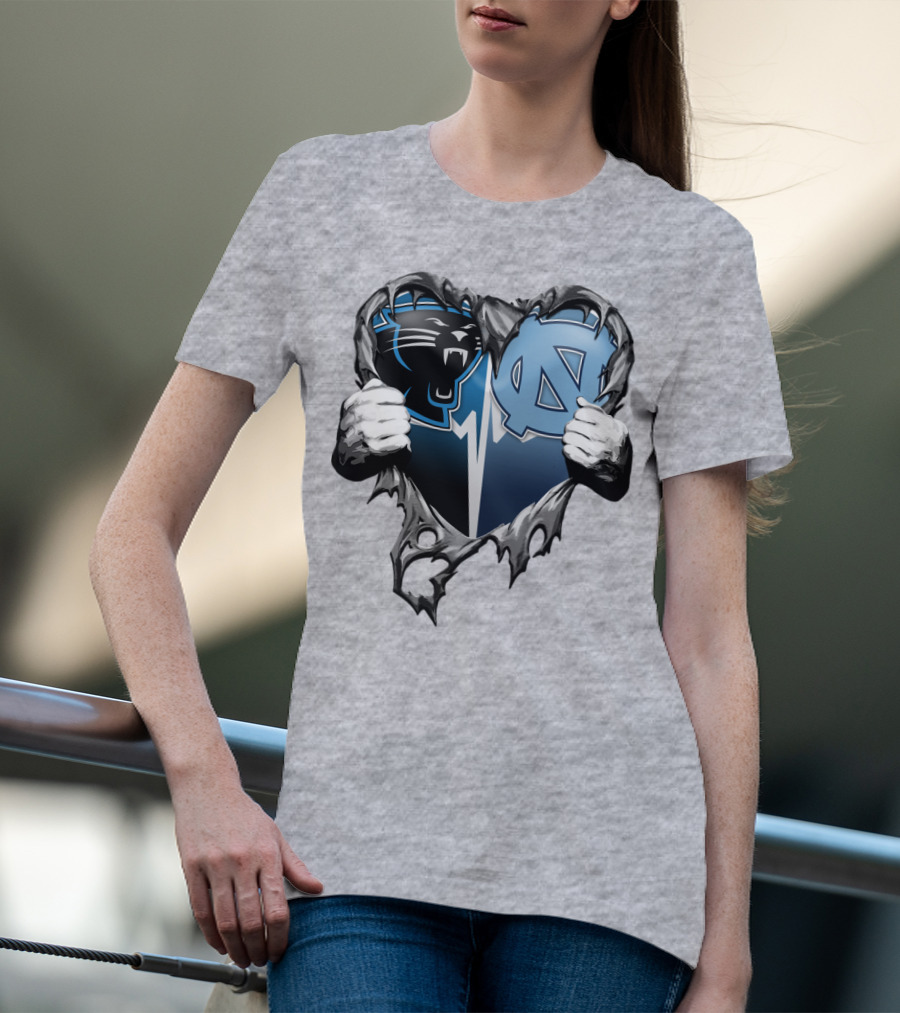 Carolina Panthers Unc Tar Heels Heart Ripped T-Shirt