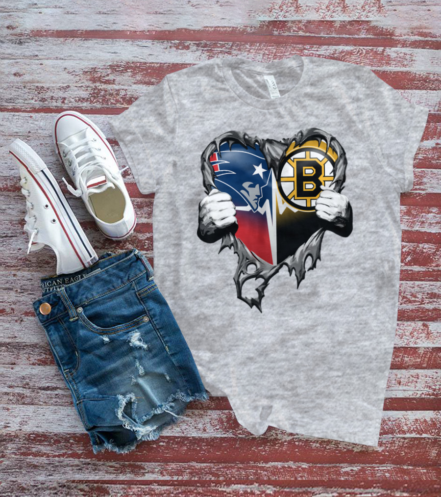 Patriots Bruins Torn Heart Logo Fusion T-Shirt