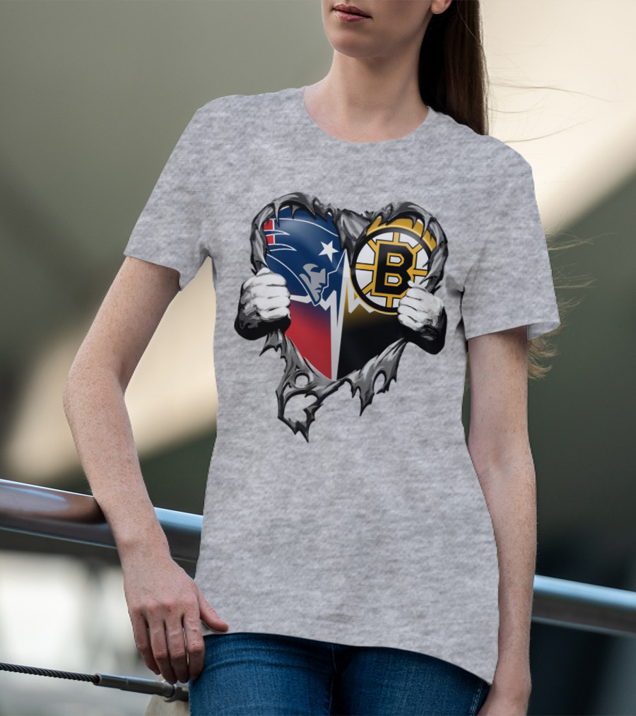 Patriots Bruins Torn Heart Logo Fusion T-Shirt