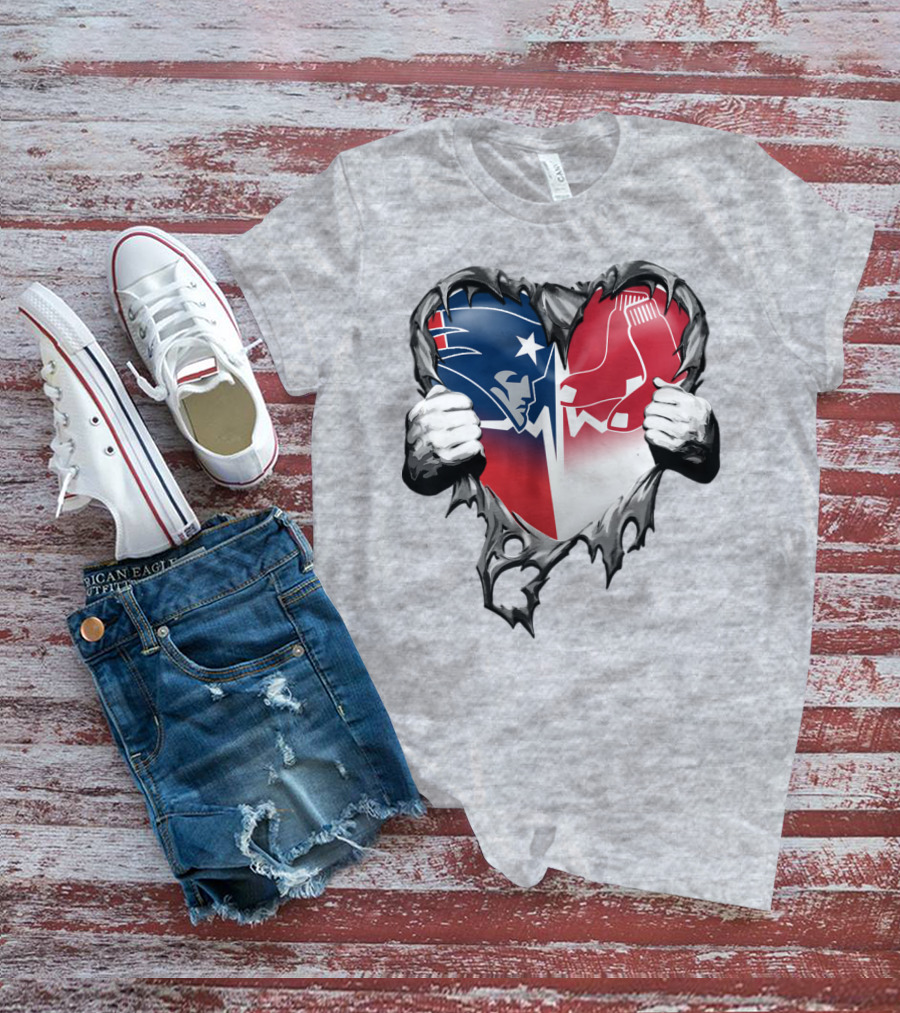Patriots And Red Sox Heart Design With Torn Metal Effect T-Shirt