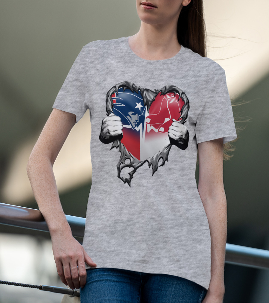 Patriots And Red Sox Heart Design With Torn Metal Effect T-Shirt
