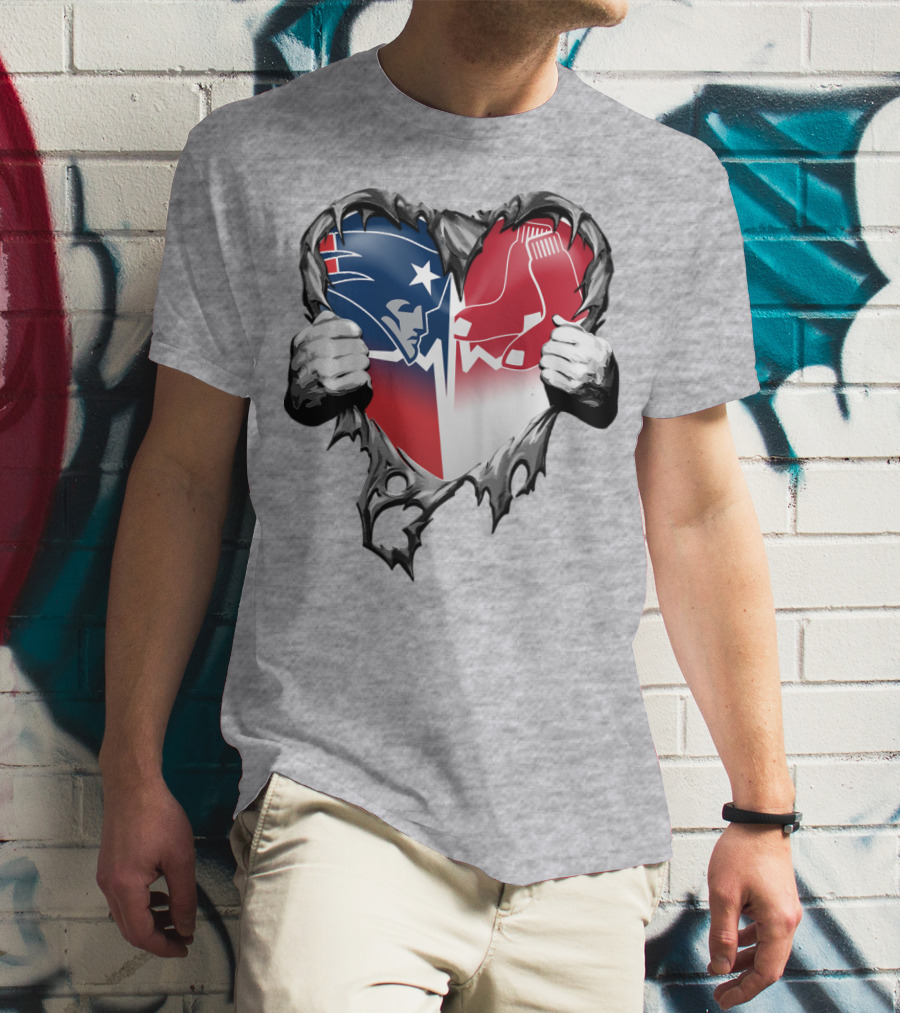 Patriots And Red Sox Heart Design With Torn Metal Effect T-Shirt