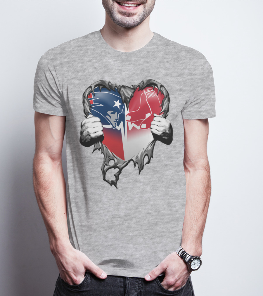 Patriots And Red Sox Heart Design With Torn Metal Effect T-Shirt