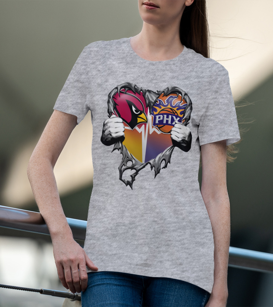Arizona Cardinals And Phoenix Suns Heart Symbol With Torn Metal Effect T-Shirt