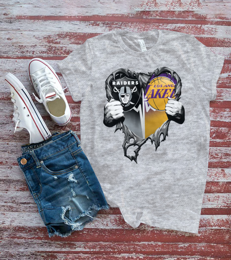 Raiders Los Angeles Lakers Heart Logo Tear T-Shirt