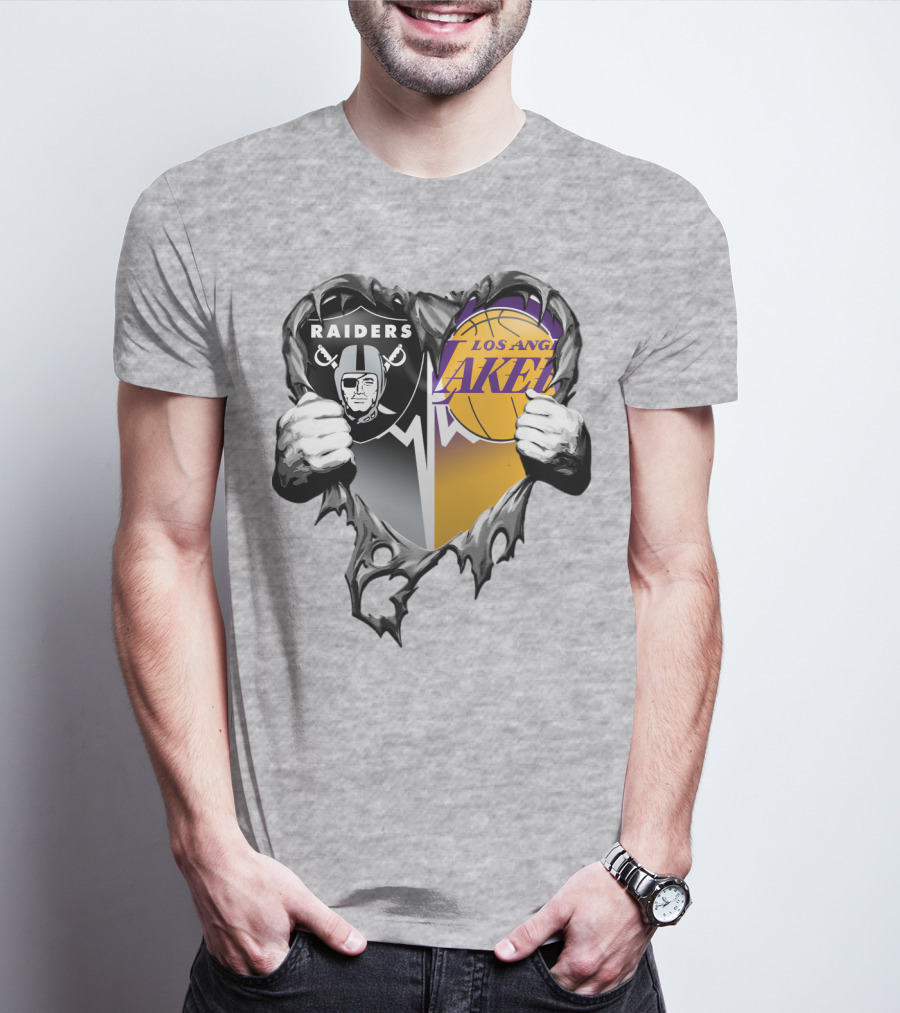 Raiders Los Angeles Lakers Heart Logo Tear T-Shirt