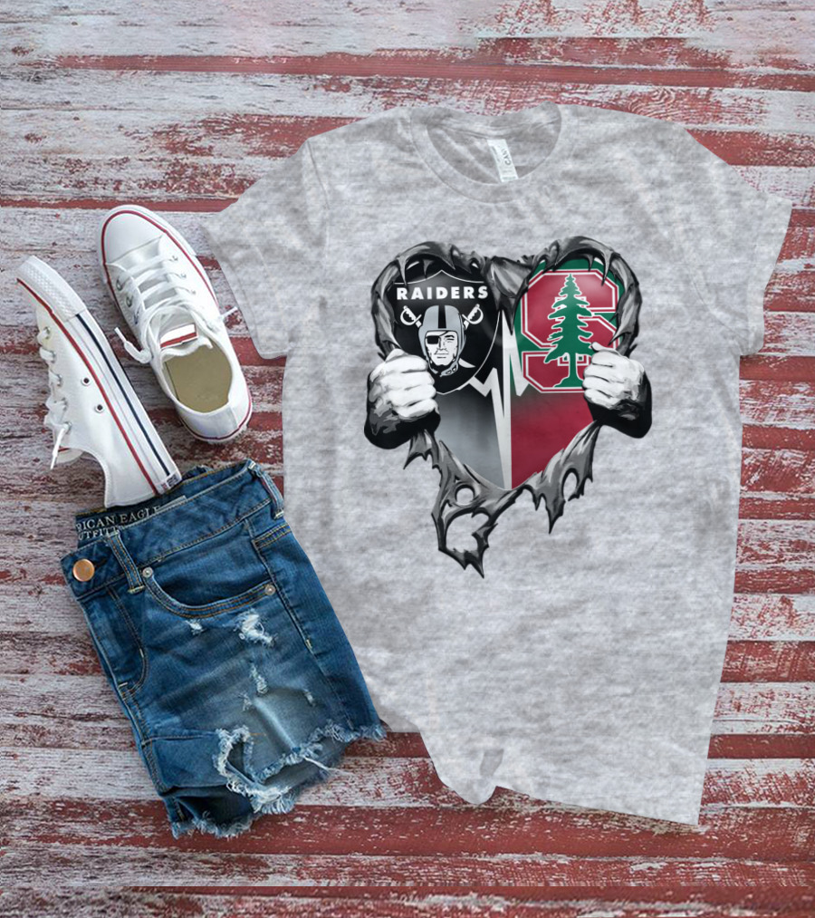 Raiders Stanford Cardinal Heart Football Fusion T-Shirt