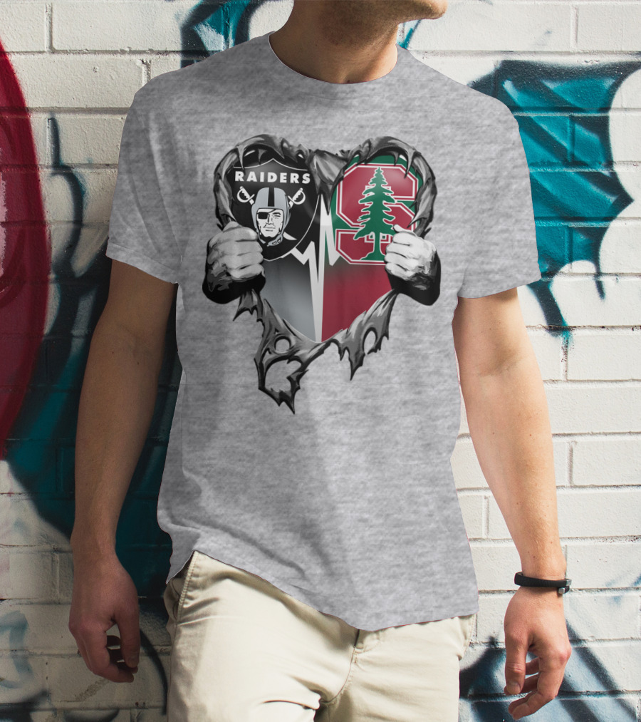 Raiders Stanford Cardinal Heart Football Fusion T-Shirt