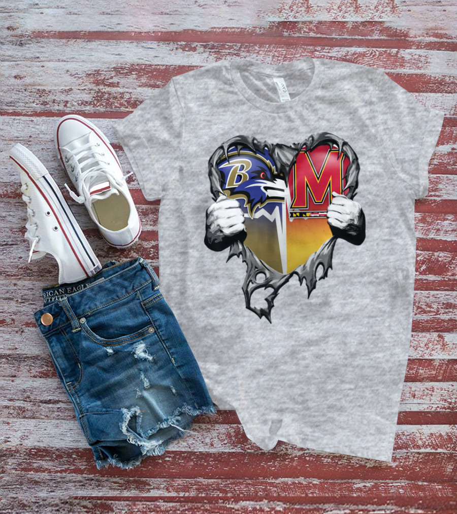 Baltimore Ravens Maryland Terrapins Heart Rip Football Fan T-Shirt
