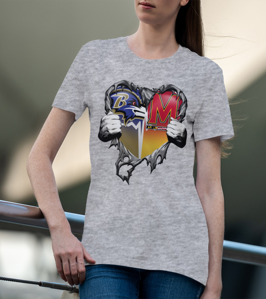Baltimore Ravens Maryland Terrapins Heart Rip Football Fan T-Shirt