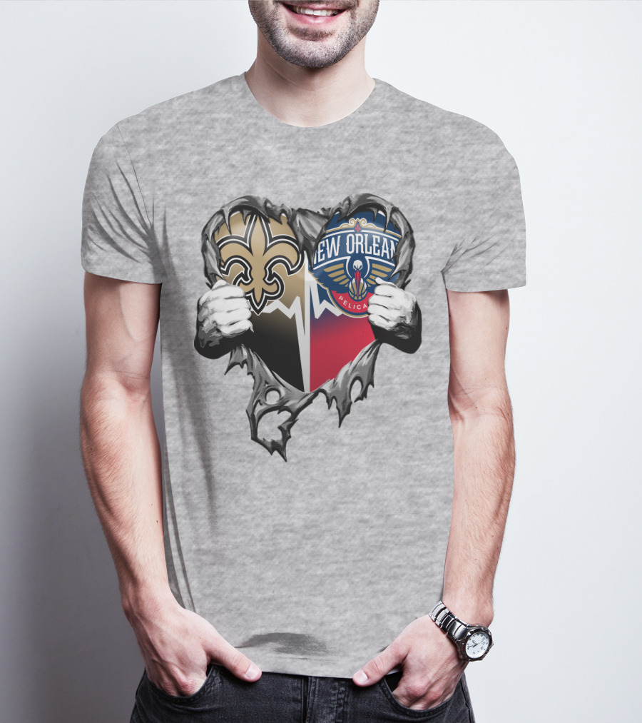 New Orleans Saints Pelicans Heart Tear T-Shirt