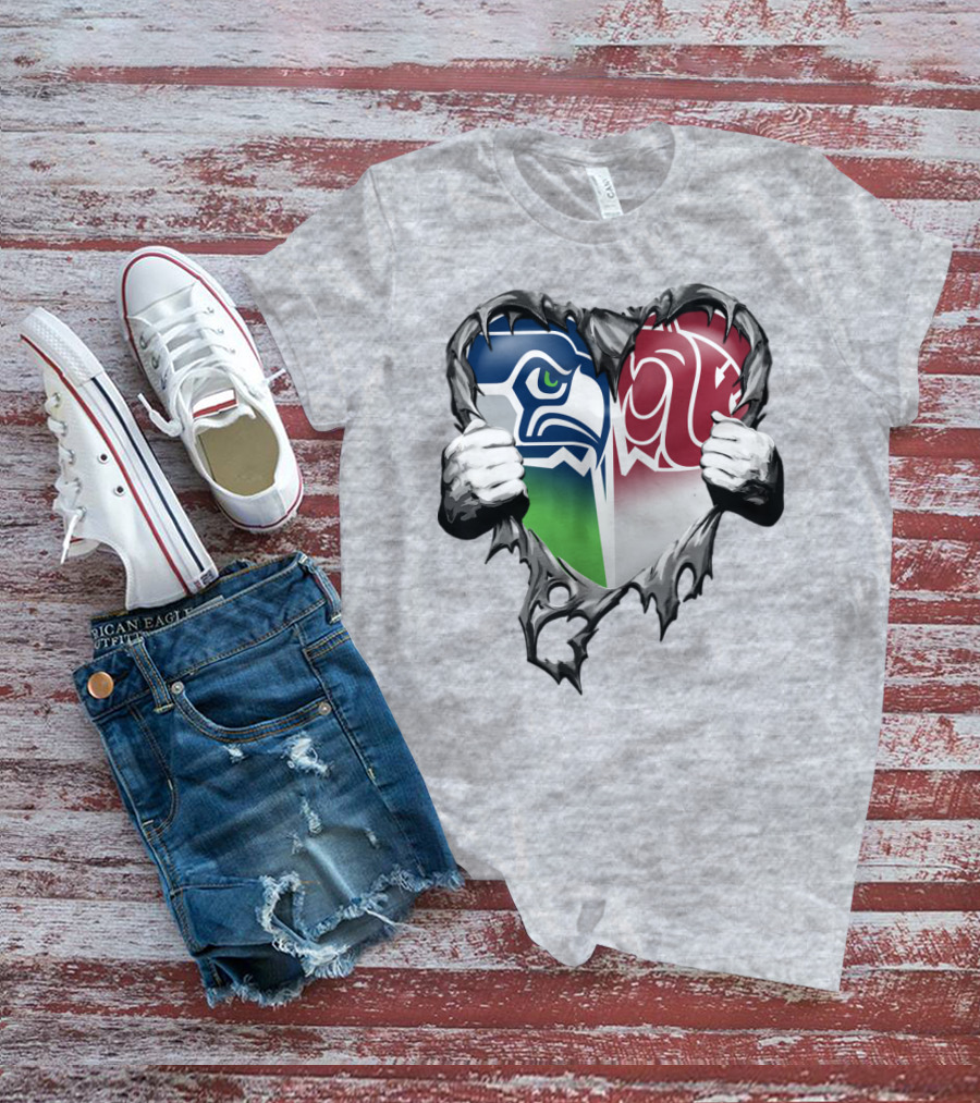 Seattle Seahawks And Washington State Cougars Split Heart T-Shirt