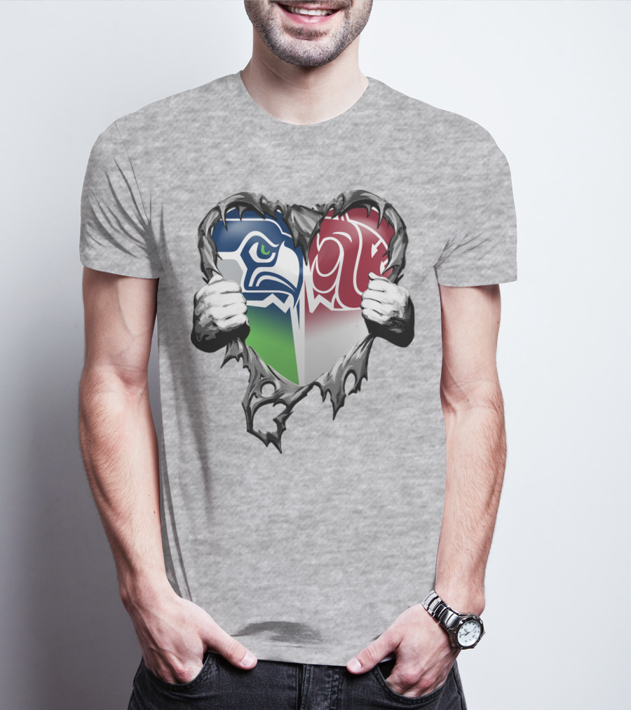Seattle Seahawks And Washington State Cougars Split Heart T-Shirt