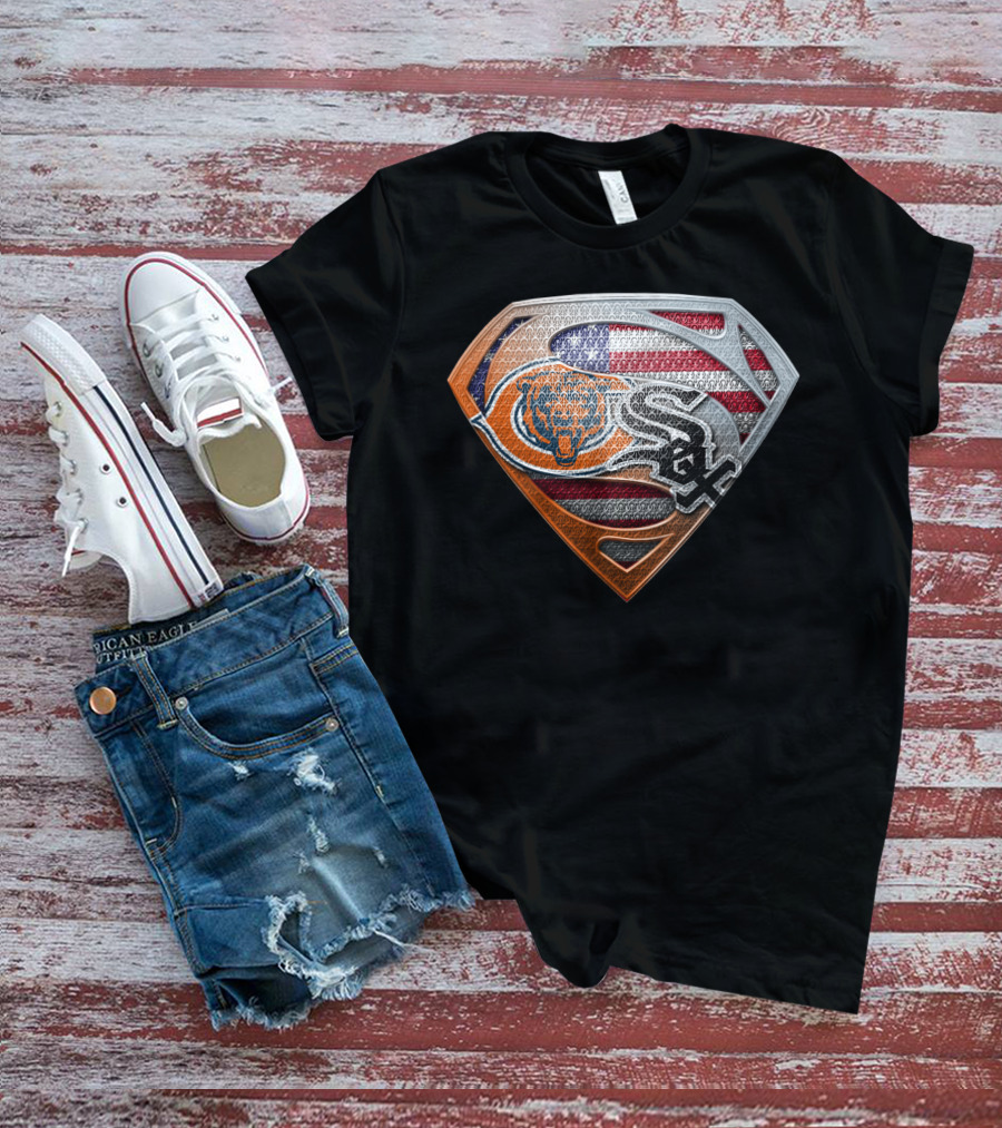 Chicago Bears White Sox American Flag Superman Shield T-Shirt