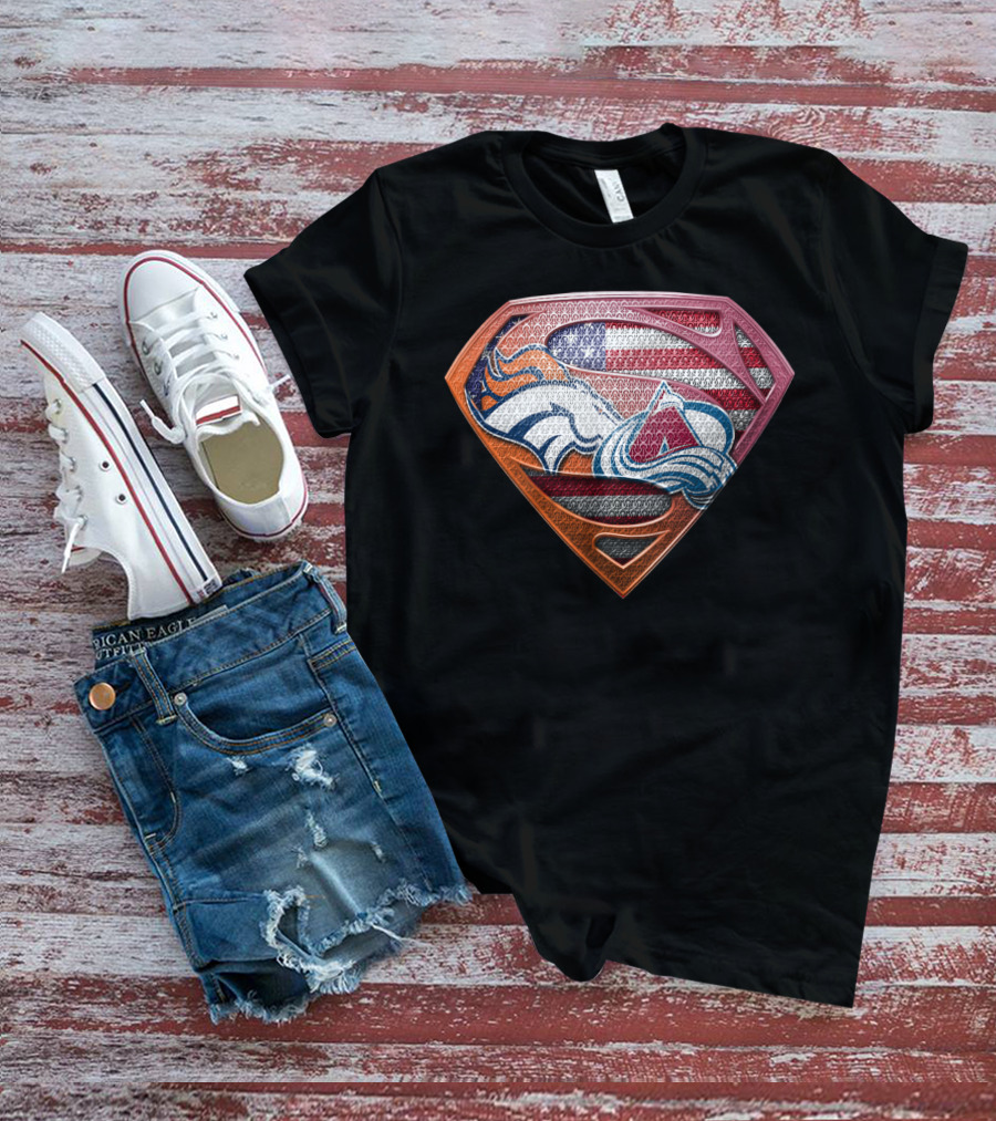 Superman Shield With Denver Broncos And Colorado Avalanche American Flag纹Pattern T-Shirt