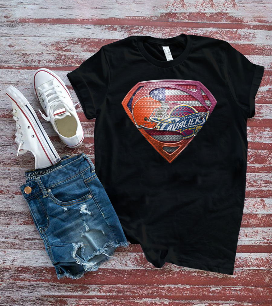 Cleveland Cavaliers And Browns Superman Shield With American Flag T-Shirt