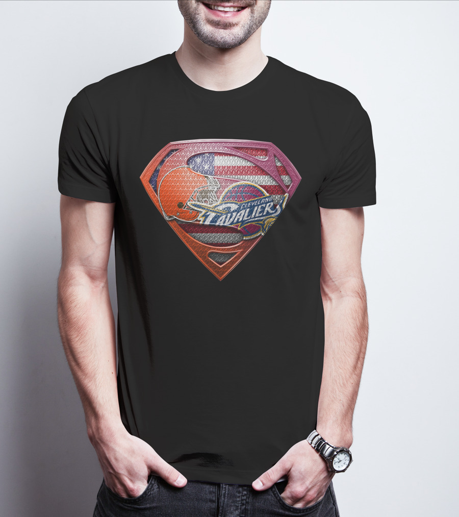 Cleveland Cavaliers And Browns Superman Shield With American Flag T-Shirt
