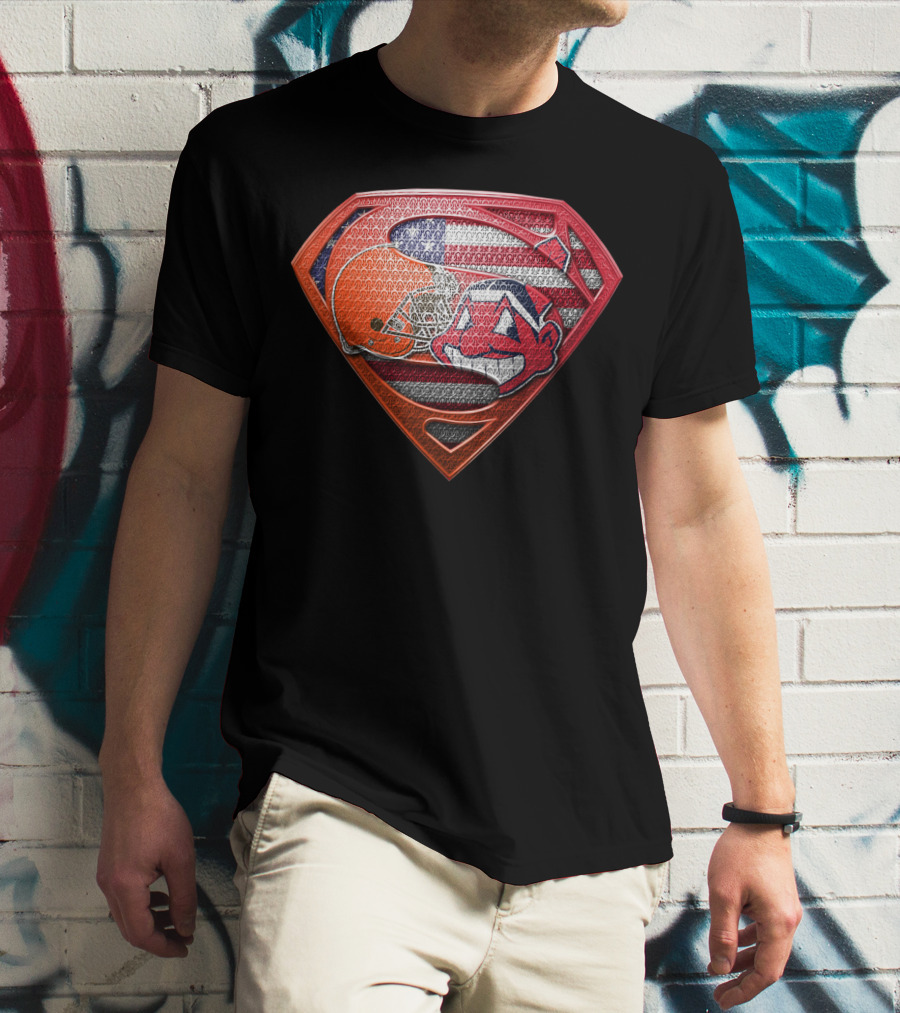 Cleveland Browns Superman Shield With Chief Wahoo And Usa Flag T-Shirt