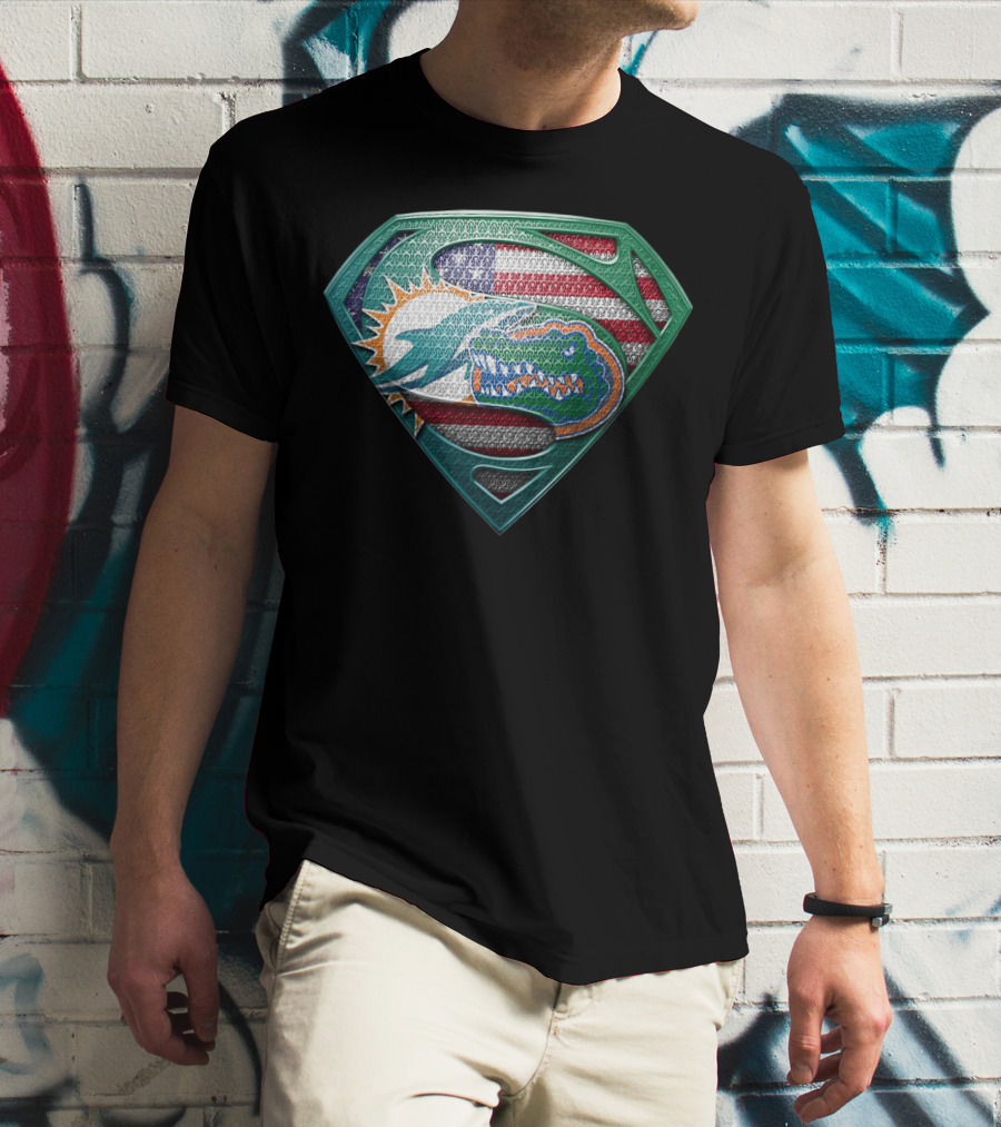Miami Dolphins Florida Gators Superman Logo American Flag T-Shirt