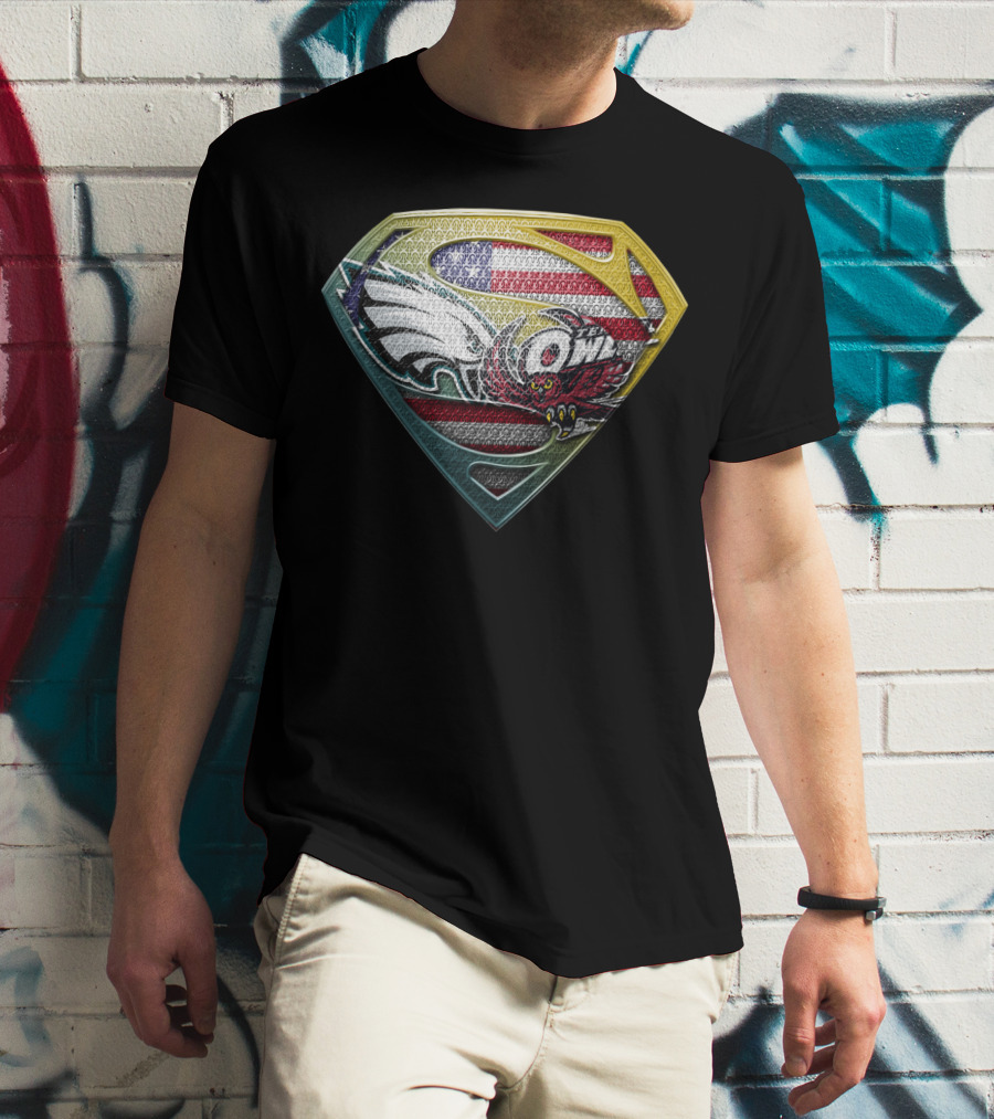 Philadelphia Eagles Temple Owls American Flag Superman Shield T-Shirt