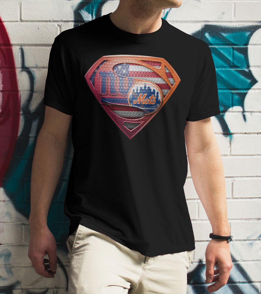 New York Giants Mets Superman Logo American Flag T-Shirt
