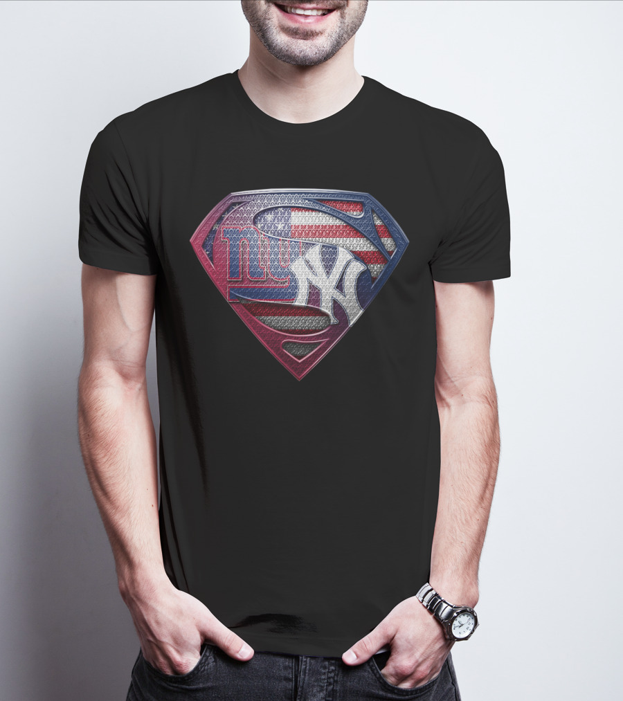 New York Giants Yankees American Flag Superman Logo Fusion T-Shirt