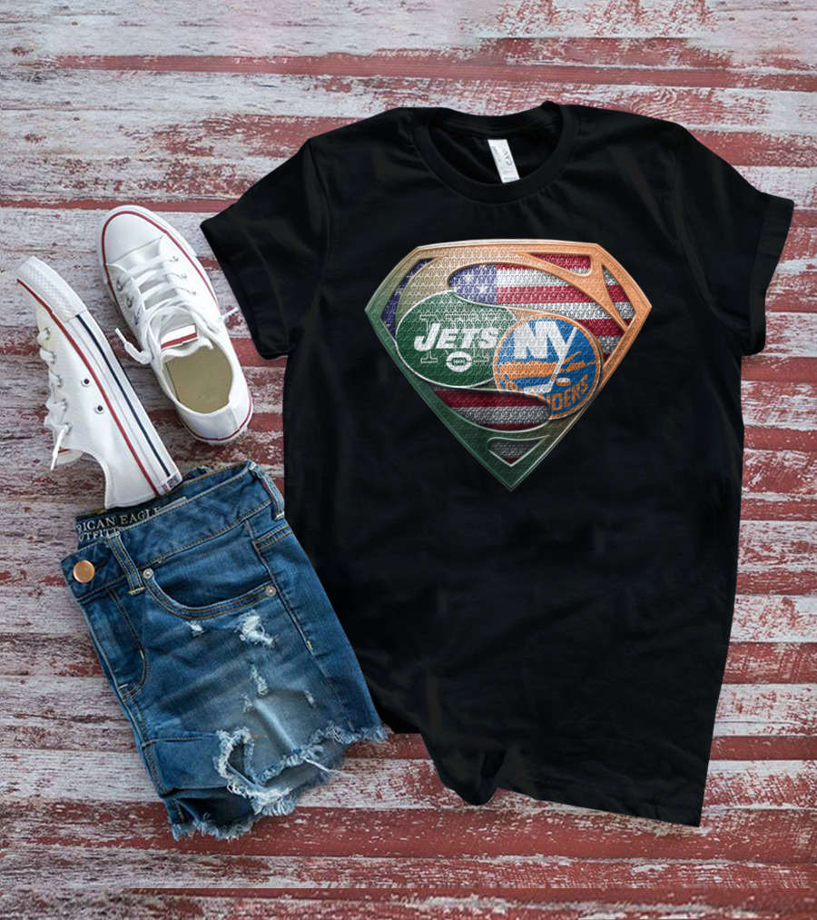 New York Jets Ny Islanders American Flag Superman Shield T-Shirt