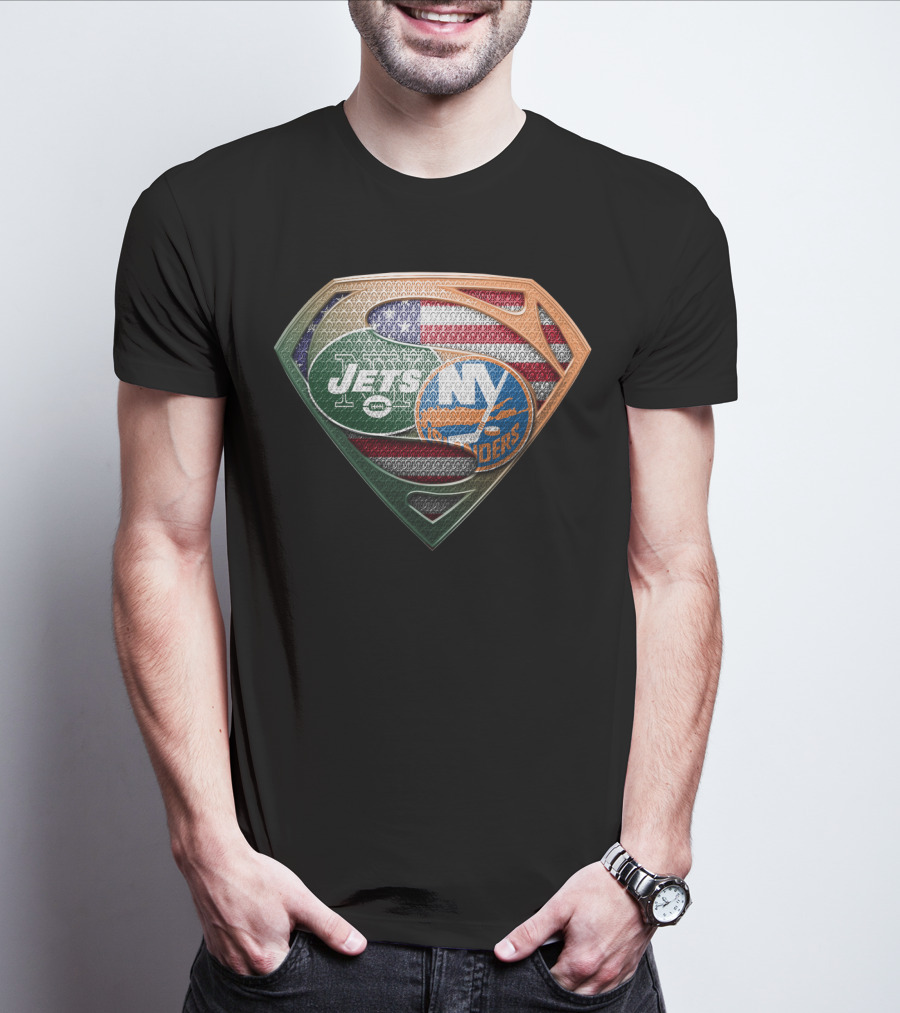 New York Jets Ny Islanders American Flag Superman Shield T-Shirt