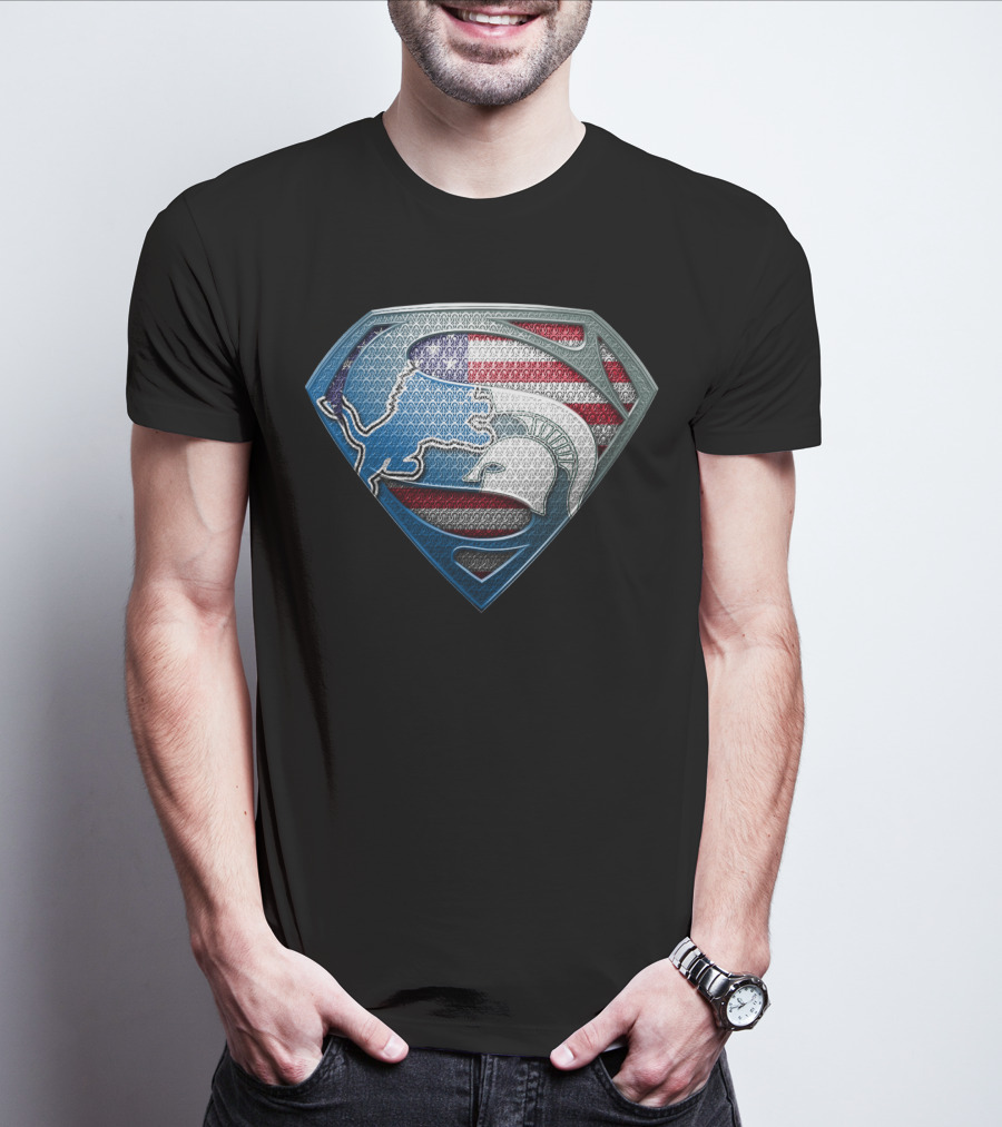 Detroit Lions And Michigan State Spartans American Flag Superman T-Shirt