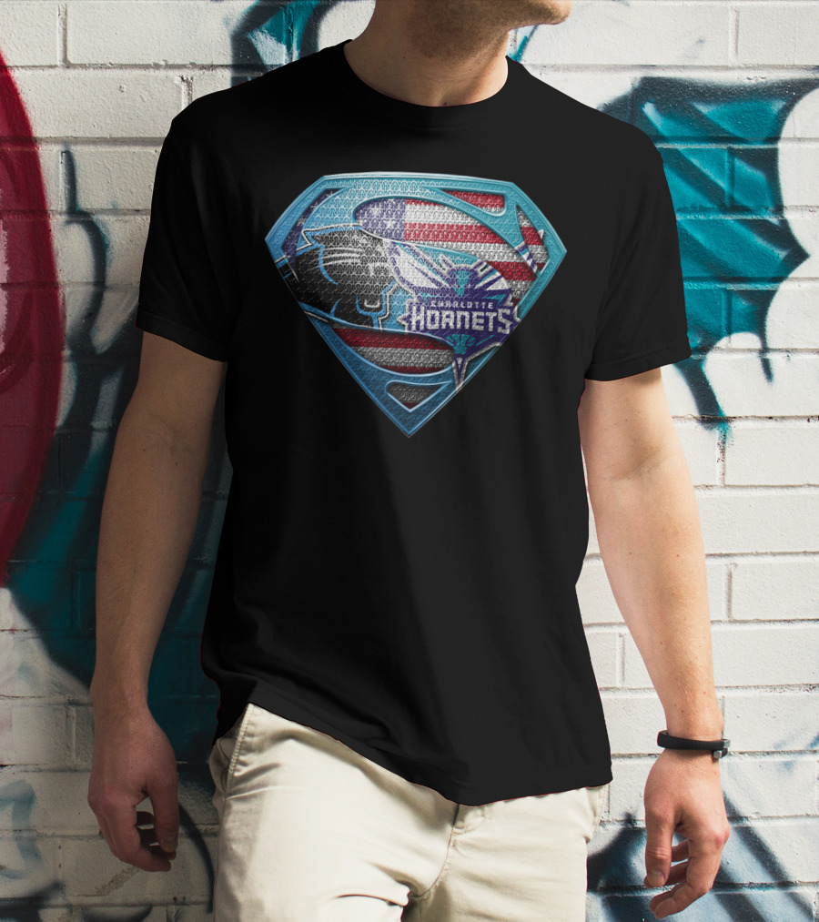 Carolina Panthers Charlotte Hornets American Flag Superman Shield T-Shirt