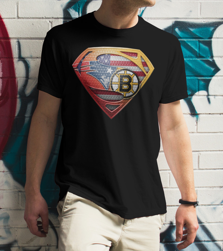 Superman Shield American Flag Boston Bruins New England Patriots T-Shirt