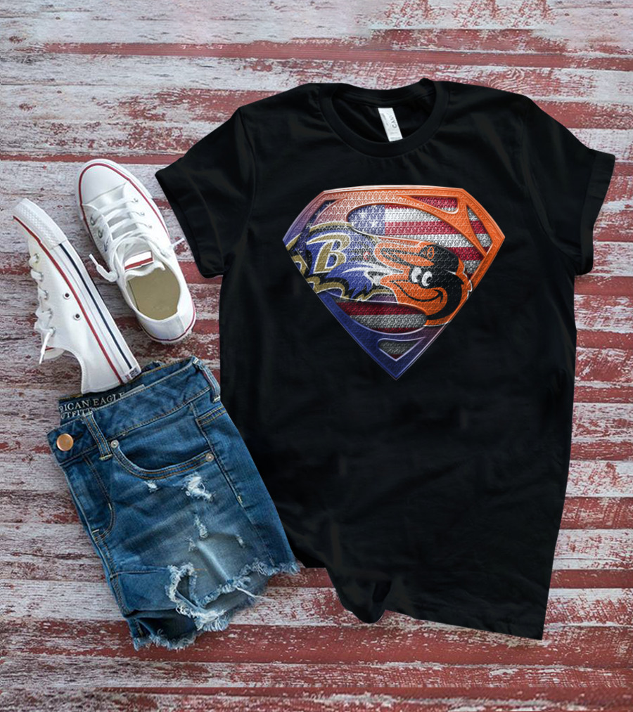 Baltimore Ravens Orioles Superman Usa Flag T-Shirt
