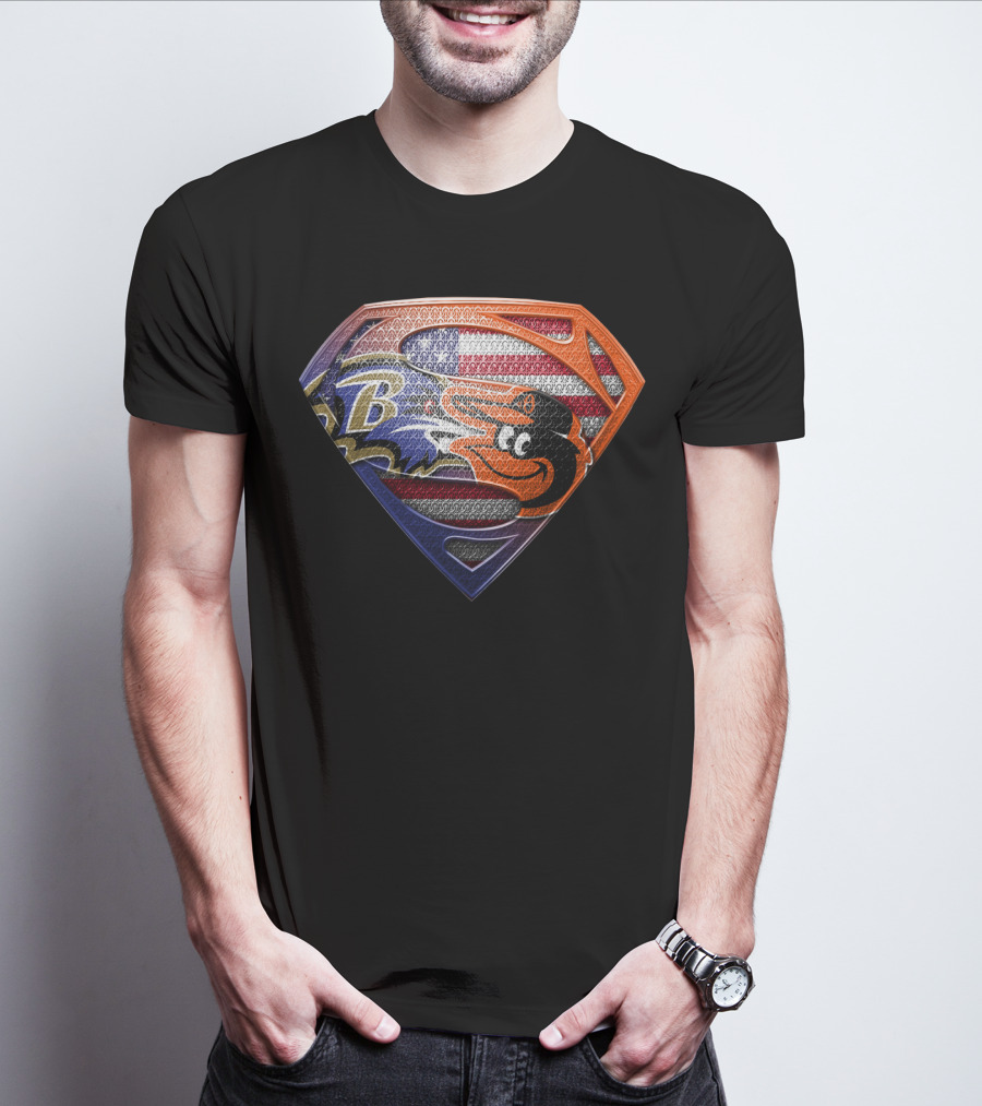 Baltimore Ravens Orioles Superman Usa Flag T-Shirt