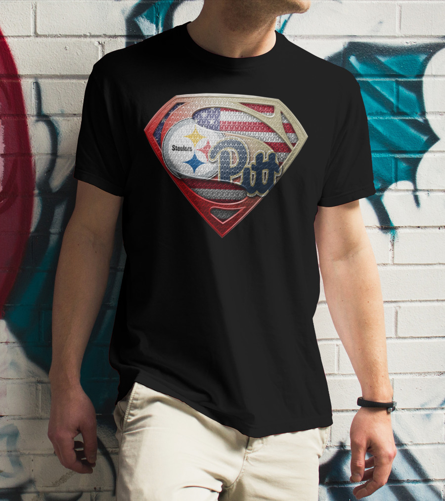 Steelers Pitt Superman Shield American Flag T-Shirt
