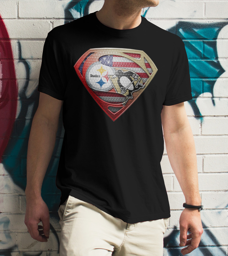 Steelers Penguins American Flag Superman Shield T-Shirt