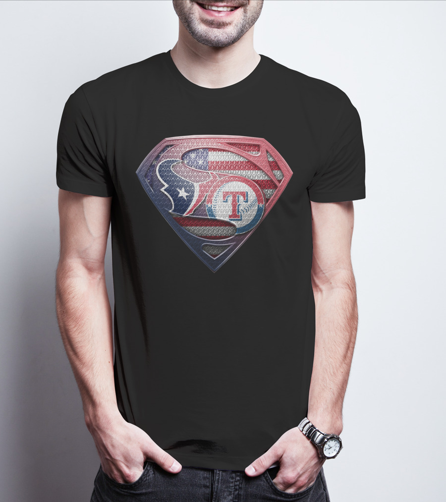 Houston Texans Texas Rangers Superman Logo Usa Flag T-Shirt