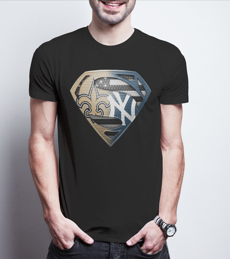 Superman Shield New York Yankees New Orleans Saints Logo Combination T-Shirt