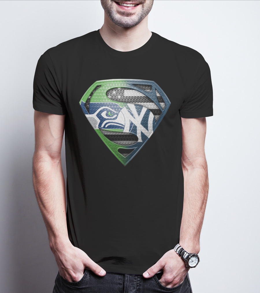 Seattle Seahawks New York Yankees Superman Shield Logo Mashup T-Shirt